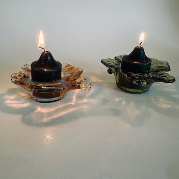 Vintage Maple Leaf Green & Orange Glass Votive Tea Light Candle Holder Set - Picture 2 of 12